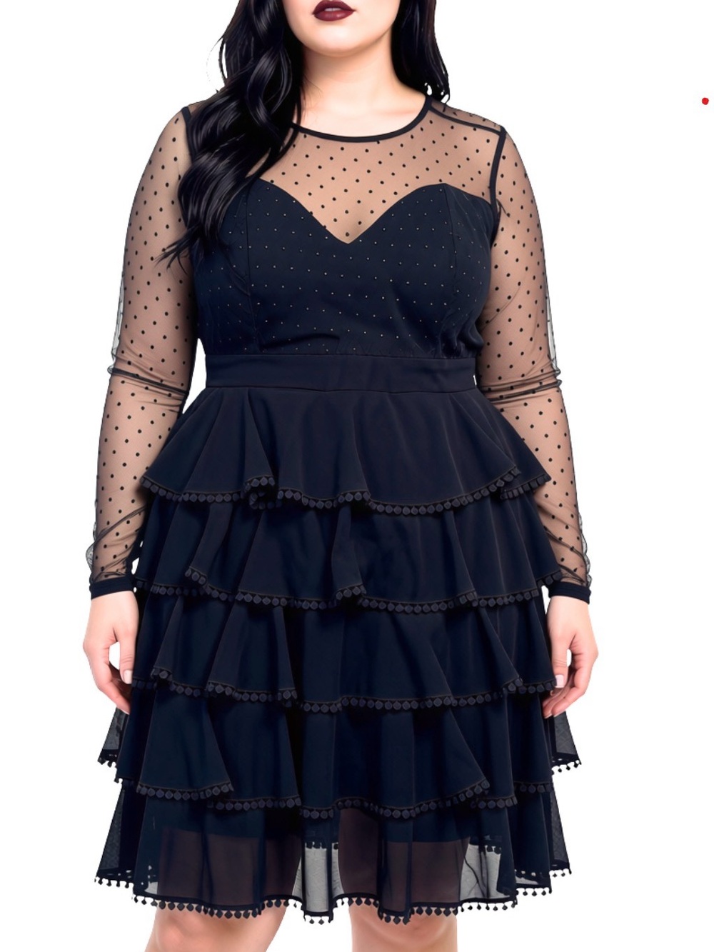 City Chic Plus-Size Black Mesh Swiss Dot Ruffle Fit & Flare Dress